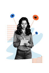 Composite trend artwork 3D sketch collage of young lady student stand arm hands write notebook huge eye watch vision control oversee