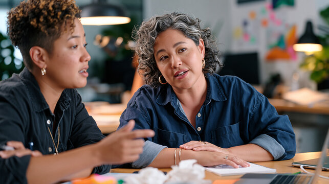 Life coach seated beside a colleague at a warmly lit office table in the aftermath of a difficult meeting, two professionals of differing backgrounds in quiet honest conversation, tissue and notepad