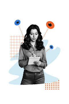 Composite trend artwork 3D sketch collage of young lady student stand arm hands write notebook huge eye watch vision control oversee