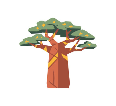 Stylized flat vector illustration of an African baobab tree isolated on white background.