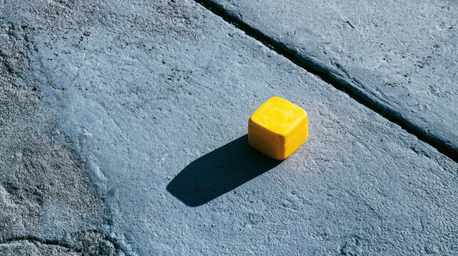 Yellow cube block casting shadow on rough concrete surface outdoor, close-up shot