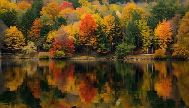 Vibrant abstract of a tranquil lake reflecting colorful autumn trees, first day of fall serenity
