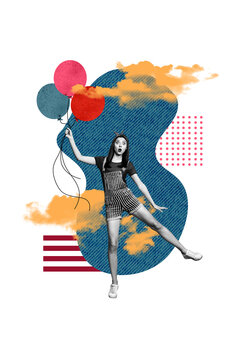 Vertical creative collage picture young childish girl funny crazy face expression hold air balloons festival event entertainment weekend