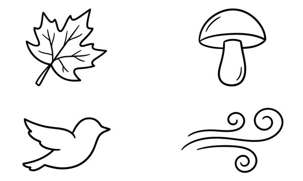 Hand-drawn autumn nature doodles set with leaf, mushroom, bird, and decorative swirl elements