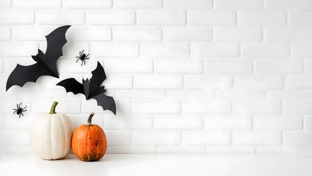 Halloween background with pumpkins, paper bats and spiders on a white brick wall.