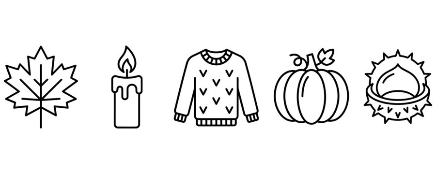 Hand-drawn autumn icons set with sweater, pumpkin, leaf, and candle in black and white vector style