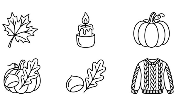 Hand-drawn autumn line icons set with pumpkin, candle, sweater, and leaves vector elements