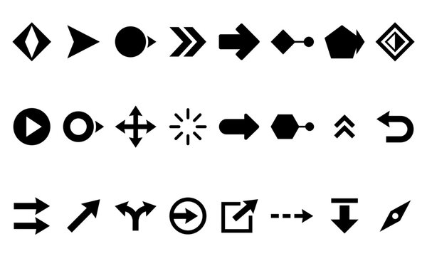 Black geometric arrow icon set with navigation symbols and directional signs for UI design