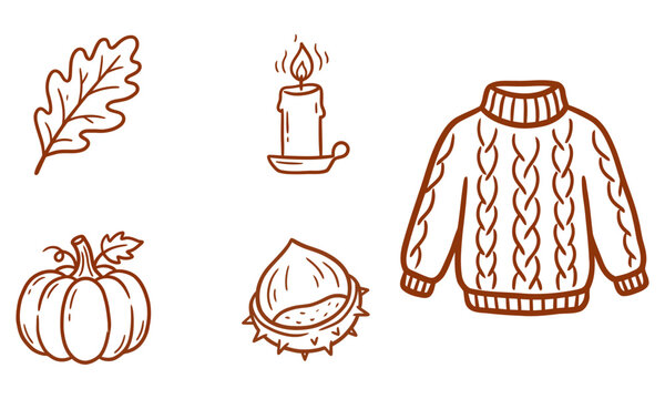 Hand-drawn autumn winter knitwear icons with seasonal harvest elements and cozy lifestyle symbols