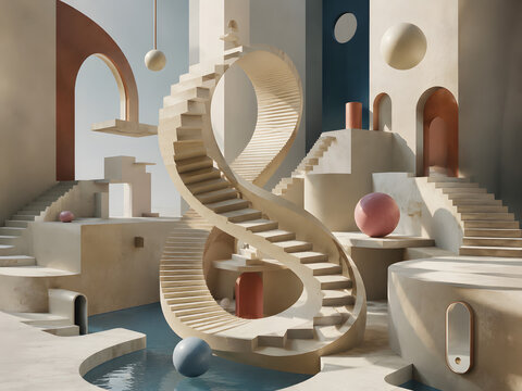 Surreal Impossible 3D Staircase Loop with Floating Geometric Architecture Trending Dreamlike Contemporary Design 16K