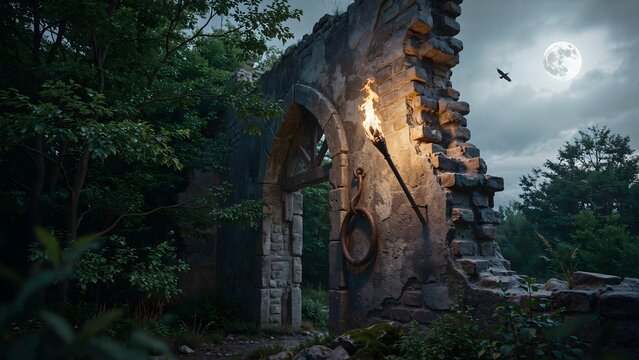 Ancient stone ruins with a burning torch at night under a full moon and dark cloudy sky