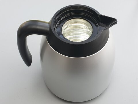 Modern Silver and Black Thermal Coffee Carafe on White Background