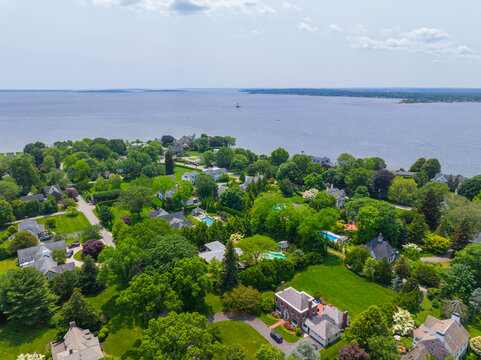 Providence River with Conimicut Lighthouse aerial view from Nayatt Point, town of Barrington, Rhode Island RI, USA. 