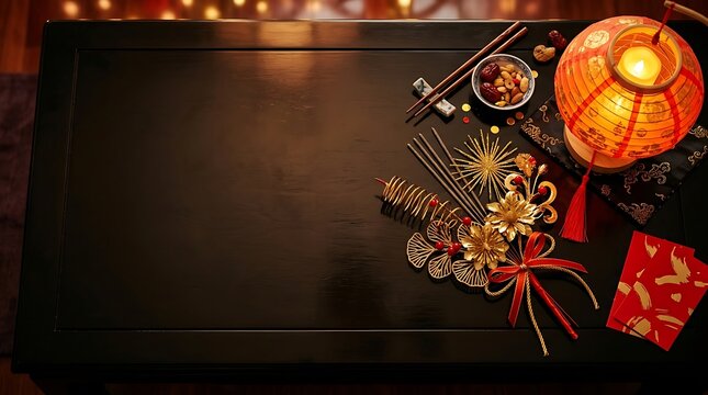 China National Day Chinese National Day Chinese New Year Table Setting with Lantern Chopsticks and Snacks stock national