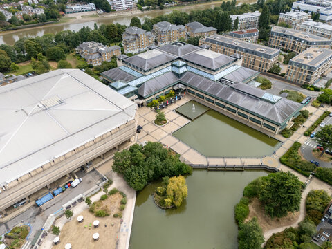 Richmond, England - 27 July 2026: Aerial view of The National Archives featuring its distinctive modern architecture, surrounding water features, and landscaped grounds.