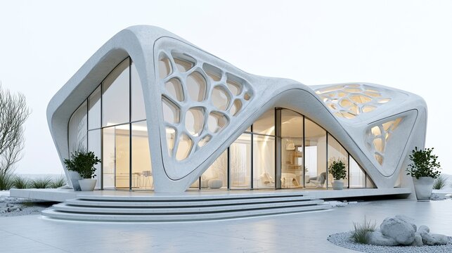 Modern futuristic building with flowing design and large glass windows