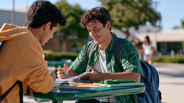 Two teenage debaters practice argumentation at an outdoor school courtyard table under harsh midday September sun, one presenting notes passionately as the other counters, the couple dynamic of inte