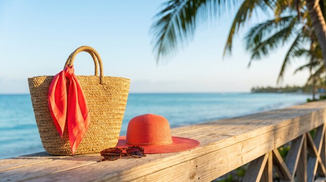 Woven straw bag with bright red scarf sitting next to a colorful sun hat and sunglasses on wooden beach deck