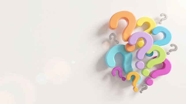 Brightly colored question marks arranged in a chaotic cluster creating a vibrant pattern on a clean white studio background surface