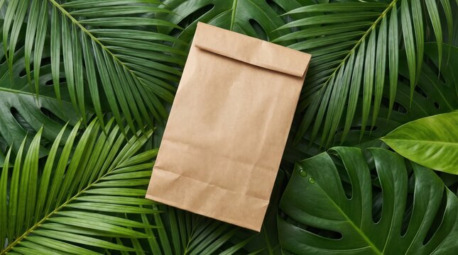 Brown paper envelope mockup rests upon vibrant green tropical palm leaves capturing a clean natural minimalist aesthetic for creative design projects