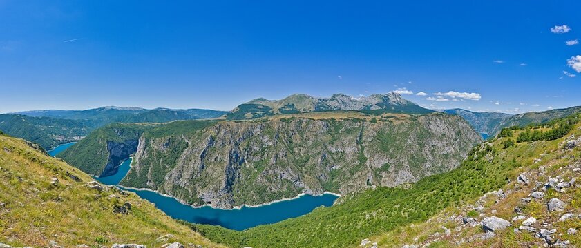 Panoramic view of Piva Lake and canyon in Montenegro, scenic
