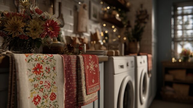 Festive laundry room with holiday dish towels and seasonal decor,