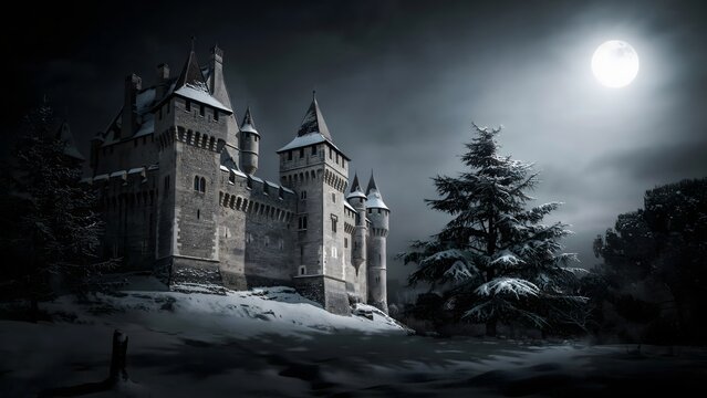 Haunted gothic castle at night with full moon and eerie fog for Halloween theme