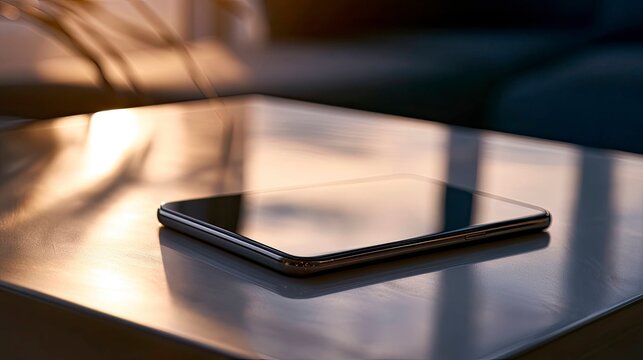 Modern smartphone with black screen resting on wooden table during sunset