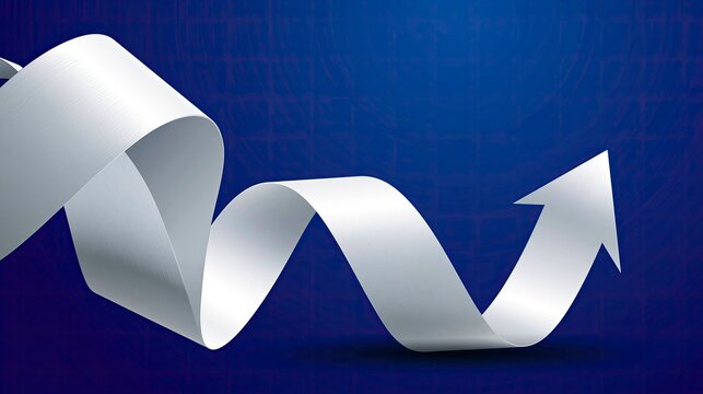 Abstract white paper curl with rising arrow on blue background for business and finance concept
