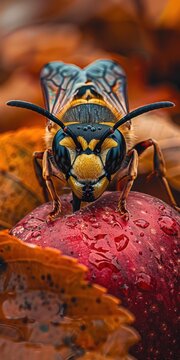 Yellow jacket wasp consuming a decaying fallen sweet apple