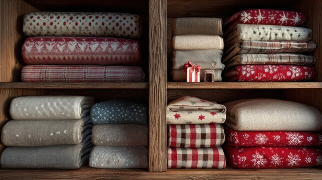Festive linen closet with holiday-themed towels and bedding neatly stacked,