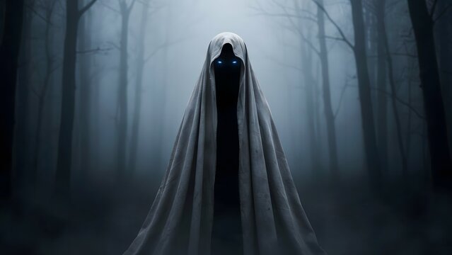 Eerie hooded figure with glowing blue eyes standing in a dark, misty forest at night.