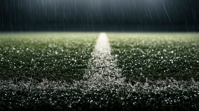 Close-up of a rain-soaked sports field with white line under dark stormy sky