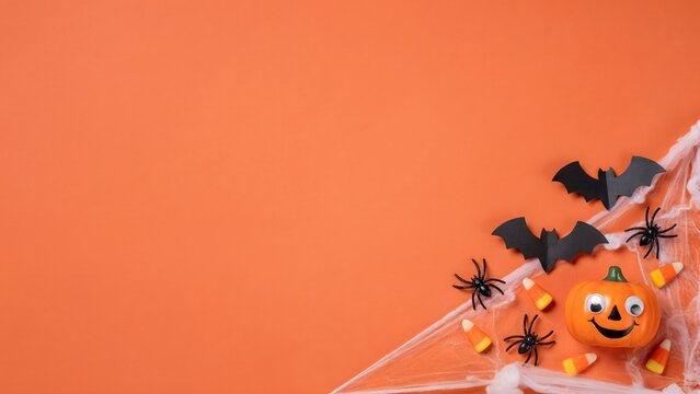 Halloween background with pumpkin, bats, spiders and cobwebs on orange surface
