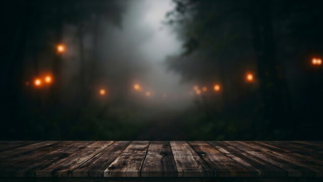 Empty wooden table in a dark misty forest with glowing lights for Halloween background