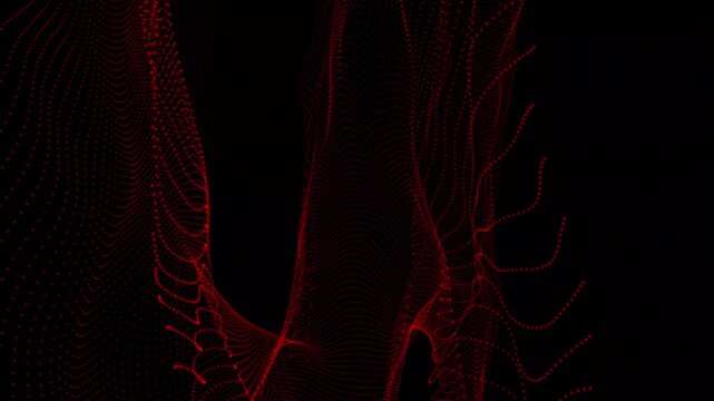 Abstract red dot matrix wave flowing in digital cyberspace dark background particle mesh grid lines curve particle mesh grid lines curve
