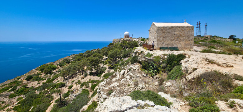 Malta : St Mary Magdalene Chapel, Dingli radar at The Dingli Cliffs on the southwest coast