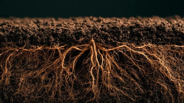 Cross-section of healthy soil with visible roots and organic material for gardening or agriculture