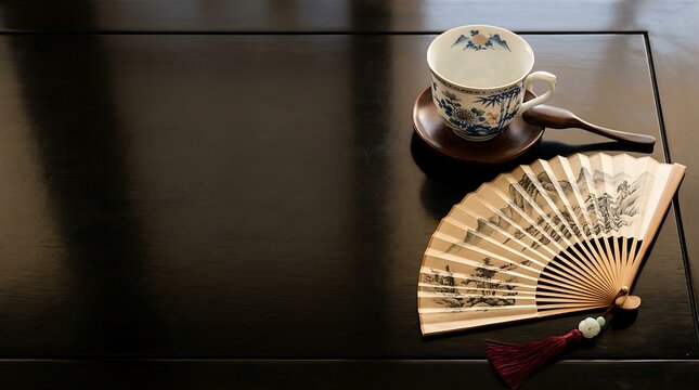 China National Day Chinese National Day Traditional Japanese Tea Cup and Fan on Dark Wooden Table japanese, tea cup, fan, folding fan, dark