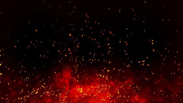 Cinematic fire sparks and burning ember particles, abstract glowing fire dust overlay loop for dramatic visual effects and atmospheric, flowing fast in wind on black background. 4k video