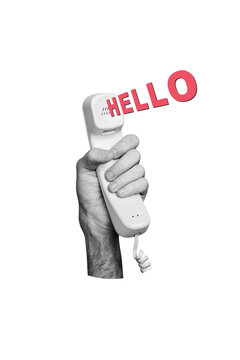Vertical photo collage of human hand hold retro telephone handset hallo network telecommunication line isolated on painted background