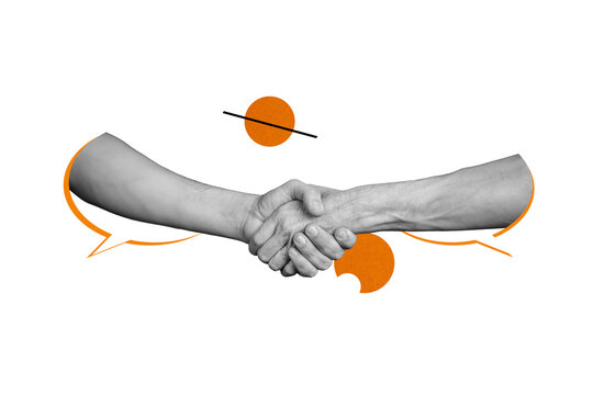 Composite photo collage of people hand shake greeting gesture agreement success deal text box communication isolated on painted background