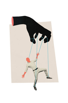 Vertical sketch 3d artwork collage poster of anonym faceless man hang ribbon handcuffs exploitation concept master tension