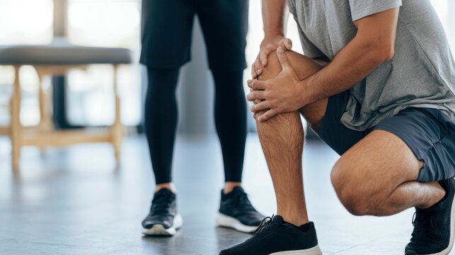 Man with knee pain holding his knee during workout with fitness trainer indoors