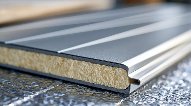 Close up of an insulated metal panel cross section for a bright cold storage room wall construction no people bright insulated metal panel cold storage room polyurethane foam