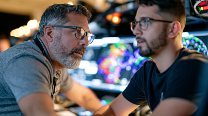 Fototapeta premium Air traffic controllers work by candlelit emergency power during a drill, tower radar screens glowing softly, a supervisor walking a trainee through procedure step by step in the warm amber atmosphe