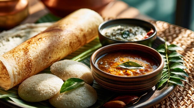 South Indian breakfast spread with dosa, idli, sambar, and coconut chutney, bright natural daylight, authentic regional cuisine concept