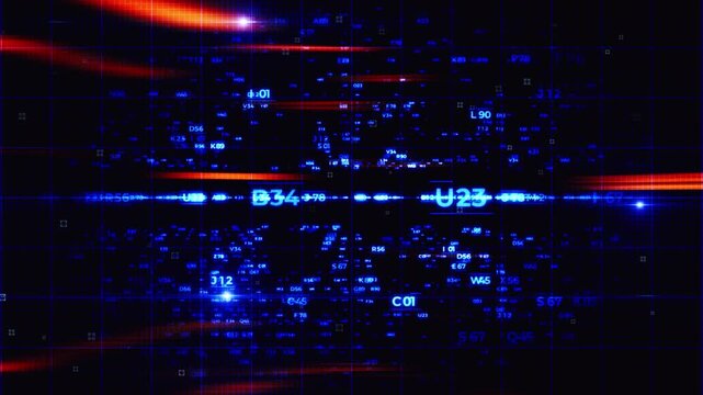 Abstract digital data stream with glowing light streaks and alphanumeric characters.