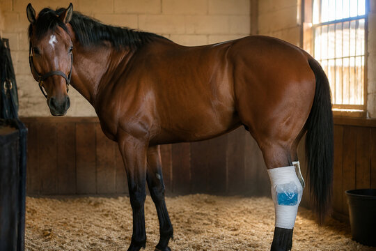 Racehorse in a stable with an ice pack wrapped around its hind leg.