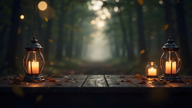 Eerie Halloween Lanterns on Forest Path at Night for Spooky Atmosphere